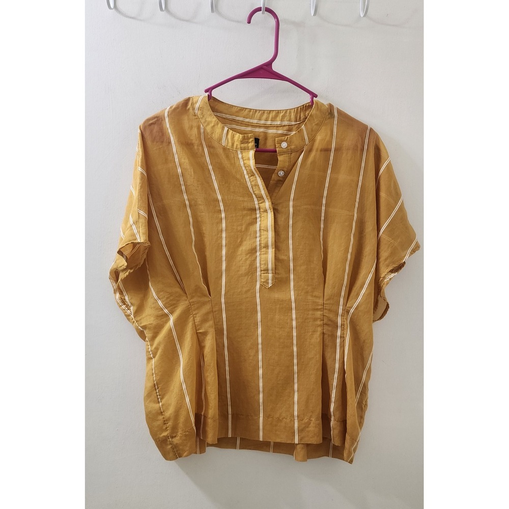 Les Copains Womens‎ Mustard Yellow Striped Henley Blouse Pleated Waist Top